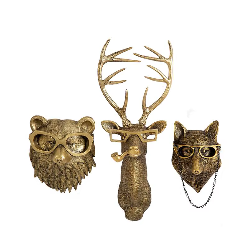 Pendentif Animal en résine Bronze Antique, tête de cerf doré, crochet de rangement mural, accessoire