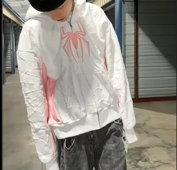 Sweat-shirt à capuche imprimé araignée pour hommes et femmes, style Hip Hop, fermeture éclair, manch