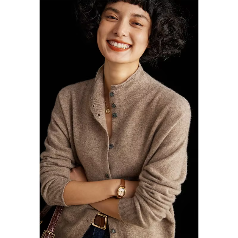 Cardigan en laine pour femmes, coupe cintrée, col Semi-haut, couleur unie, manches longues, pull tri
