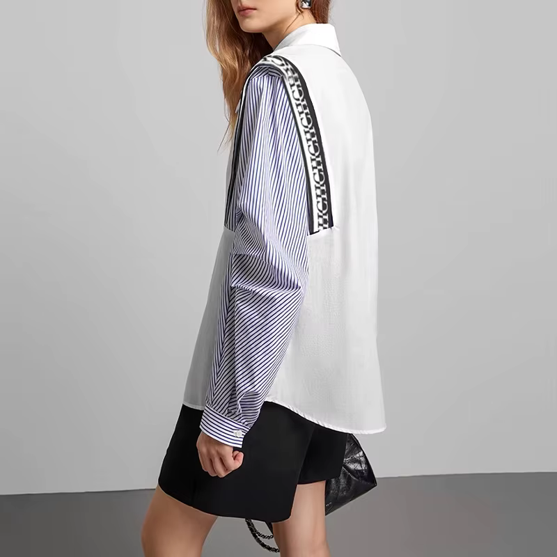 CHCH-Chemise à Manches sulfpour Femme, Haut Décontracté, Confortable, Simple, Rayé, Patchwork, Bleu
