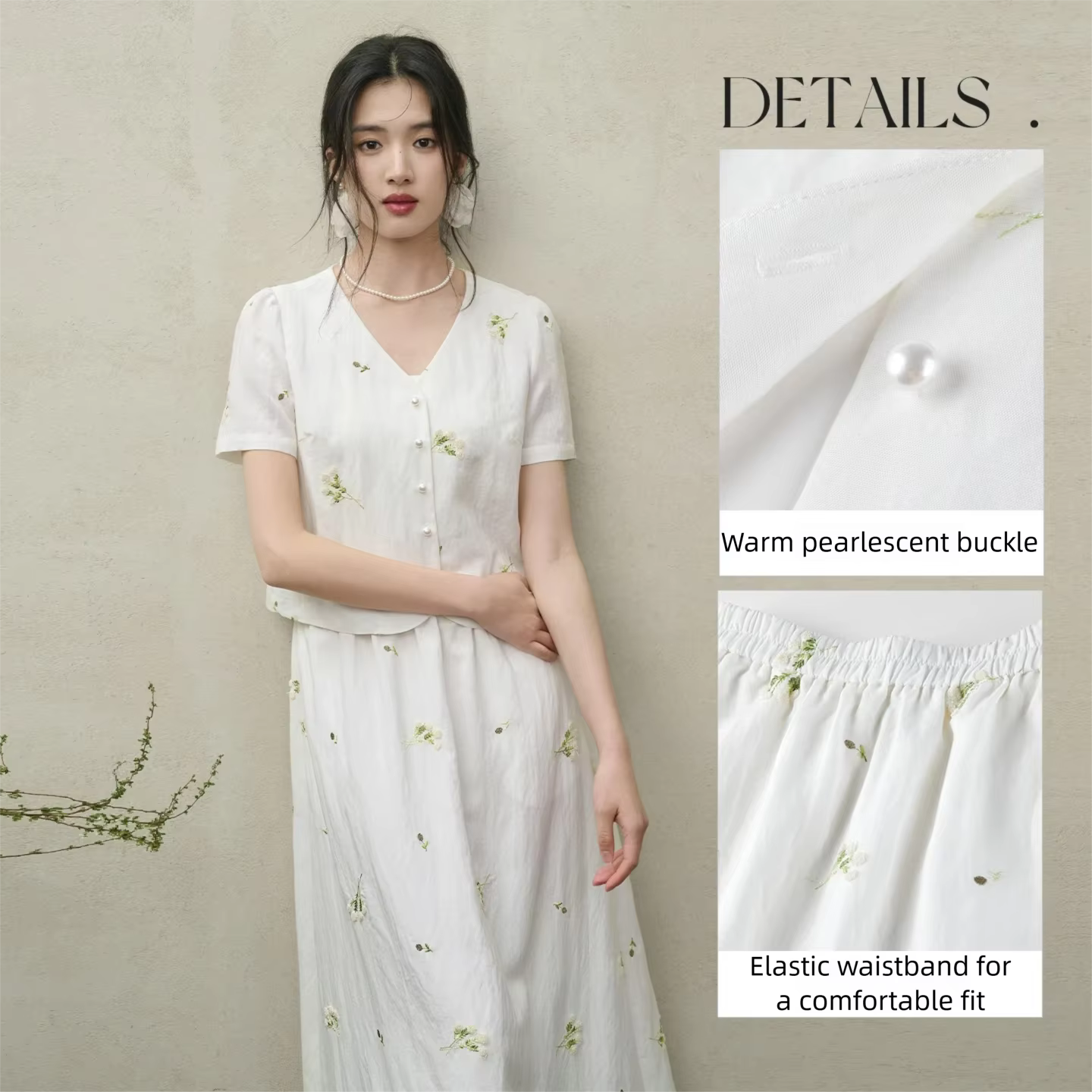 Ensemble deux pièces brodé floral SENTUBILA pour femme, haut court à col en V avec boutons nacrés et
