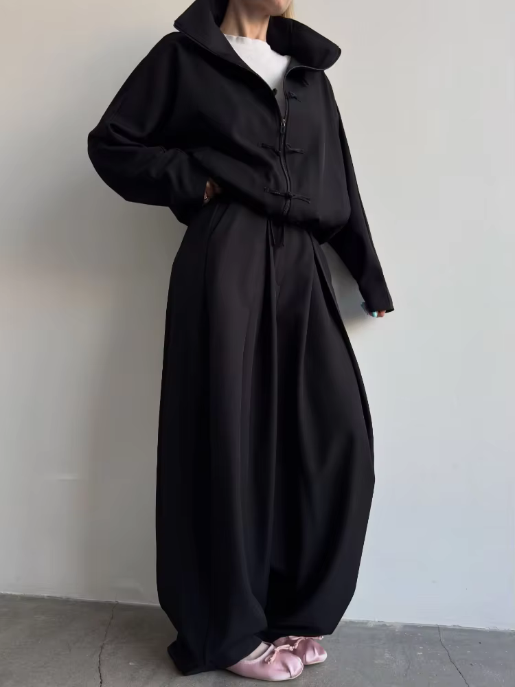 Ensembles assortis pour femmes 2026 : Veste unie à col montant et pantalon ample à manches longues a