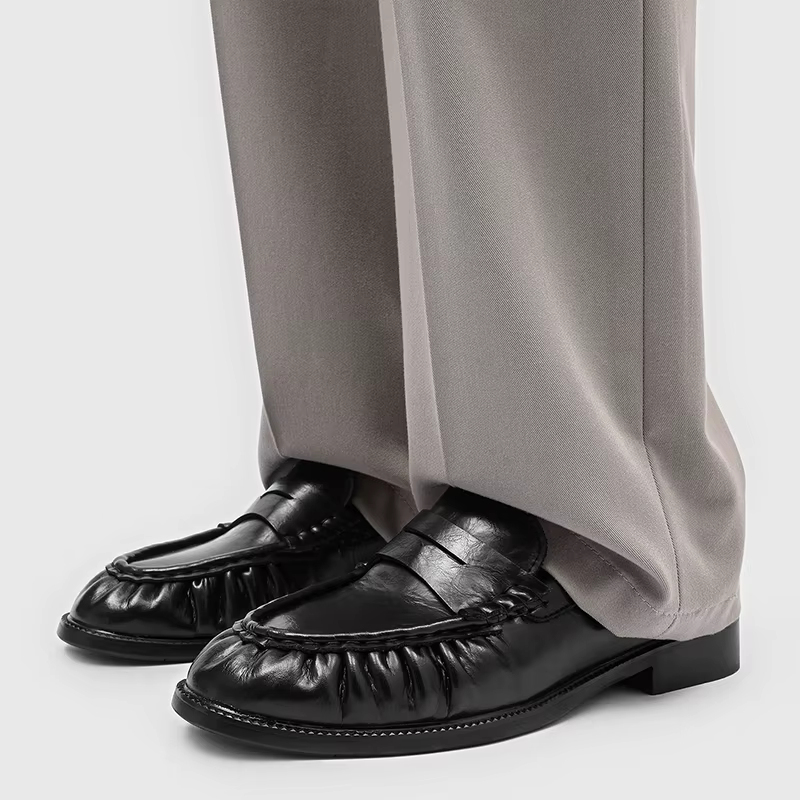 Mocassins noirs en cuir véritable pour hommes avec bout plissé, chaussures habillées confortables à