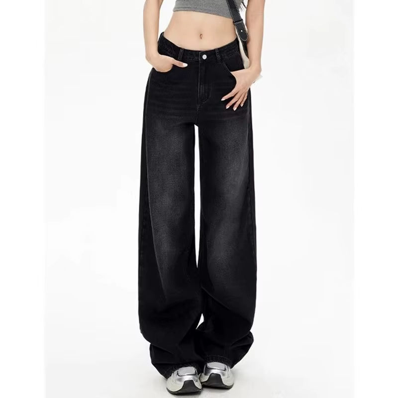 Jean taille haute rétro noir gris pour femme, pantalon en Denim à jambes droites, coupe ample, fin,