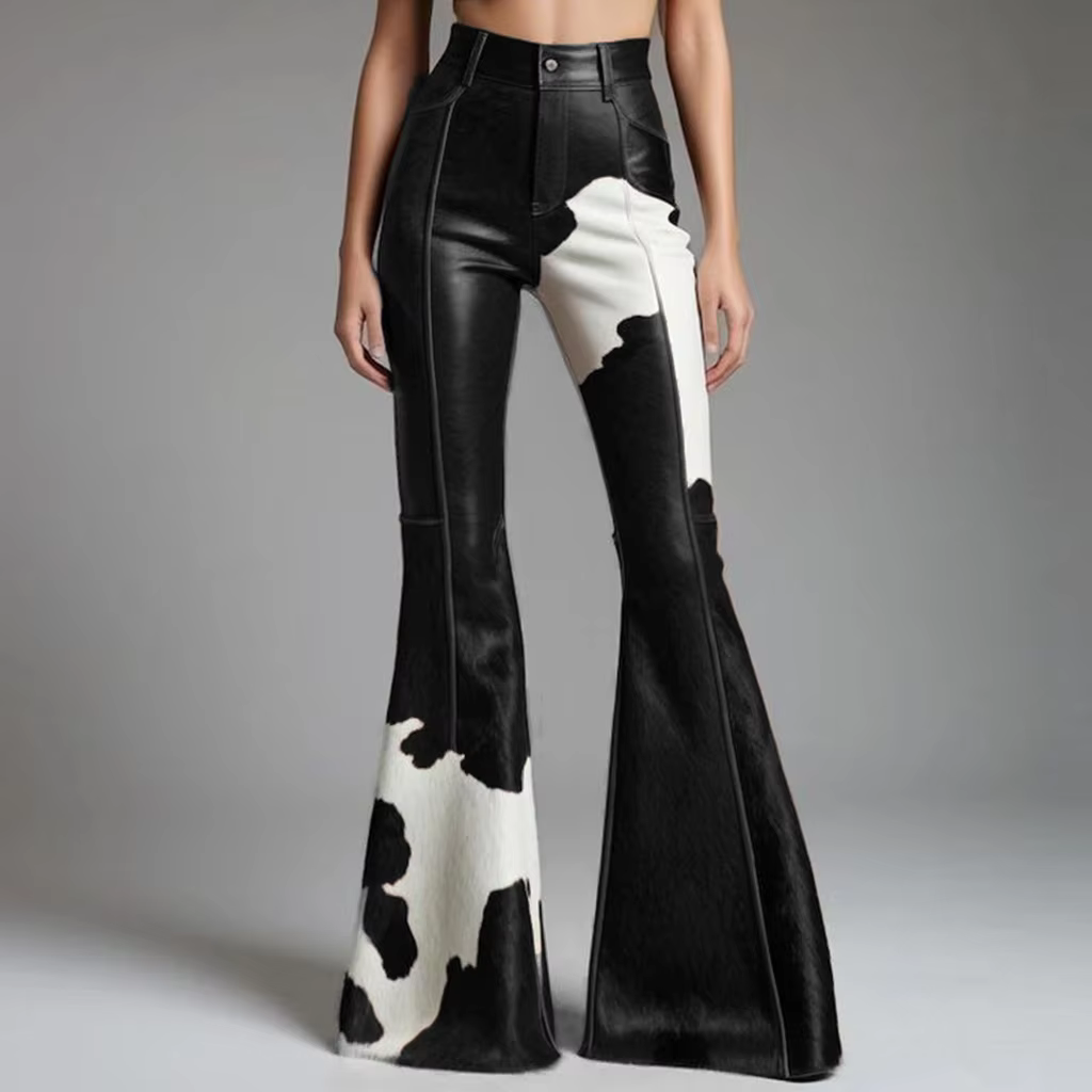 Pantalon évasé en cuir PU à motif vache pour femme, taille haute, pantalon slim en simili cuir, mode