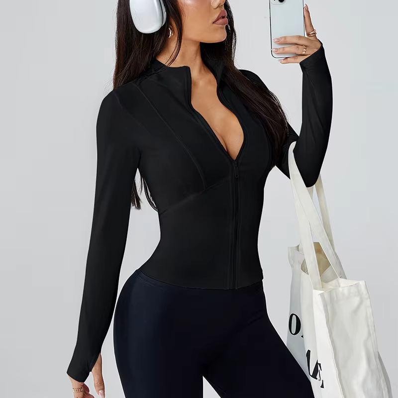 Vêtements de yoga pour femmes, veste à col montant avec fermeture éclair, amincissante, protection s