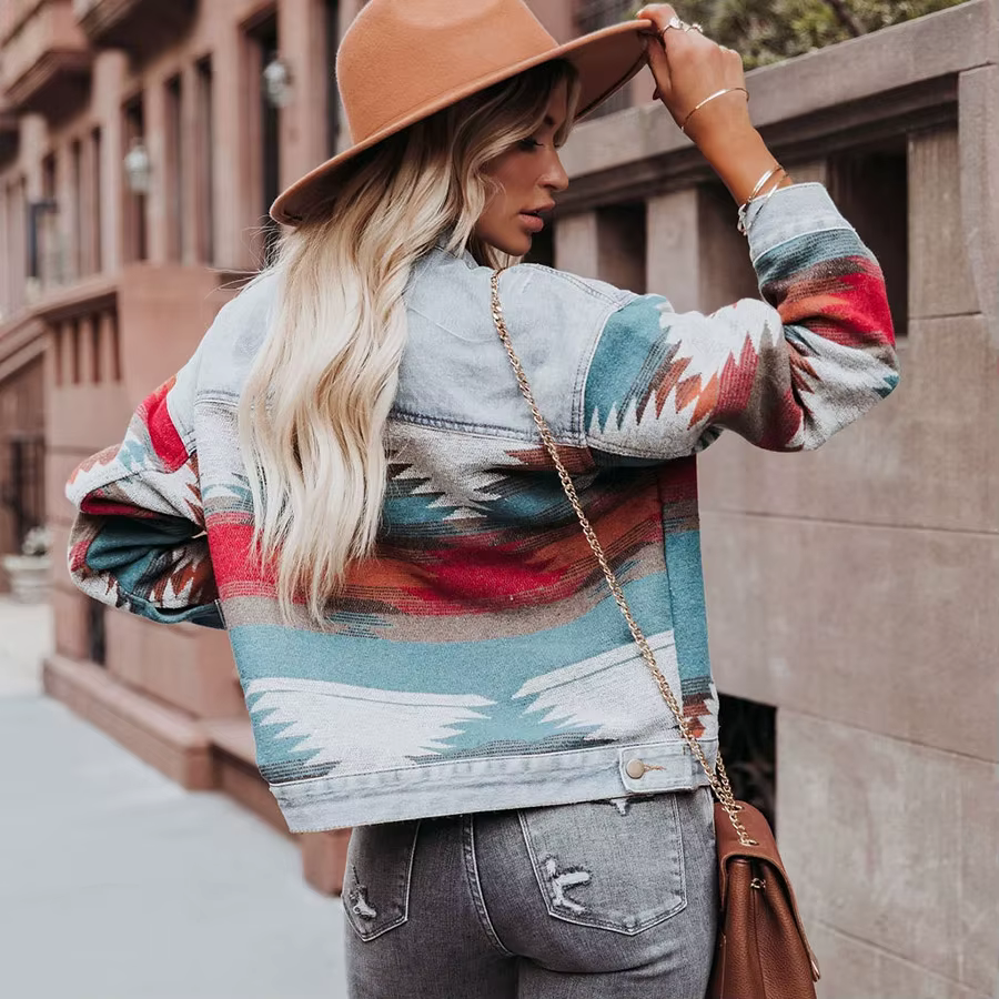 Manteau pull en jean patchwork ample à revers et manches longues, style rétro, pour femme, collectio