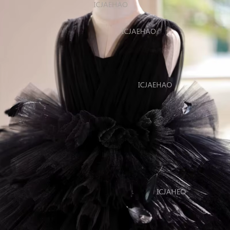 Robe de princesse noire pour filles, tenue de performance au piano, robe de soirée, tenue de cérémon