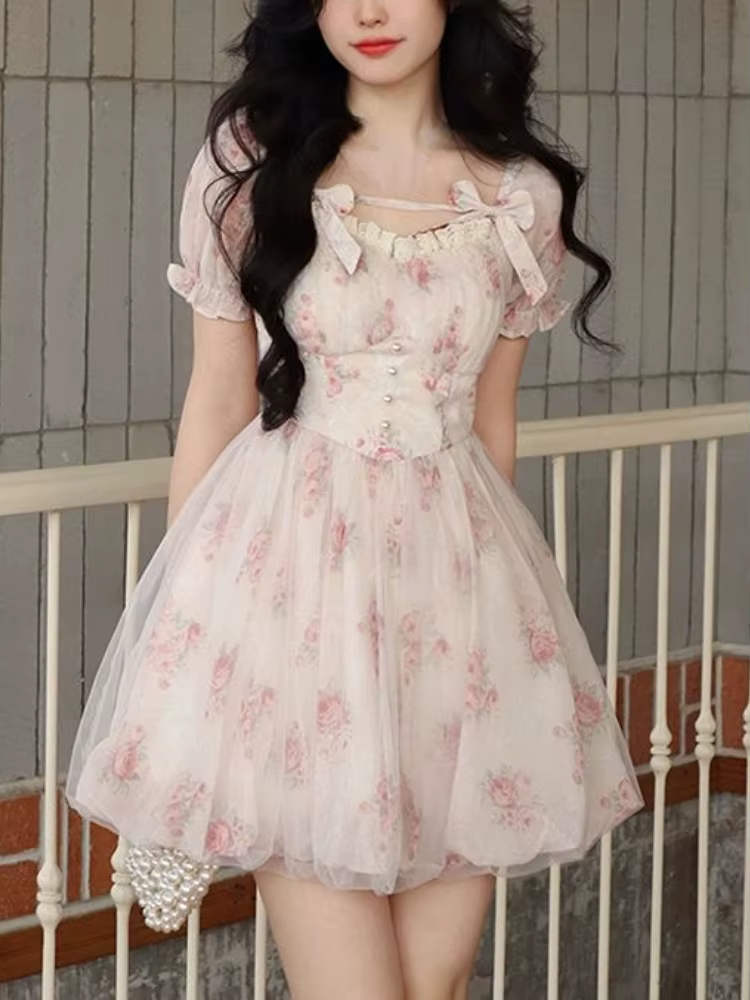 Mini robe d'été à fleurs pour femmes, imprimé français, élégante, mode coréenne mignonne, tenue de f