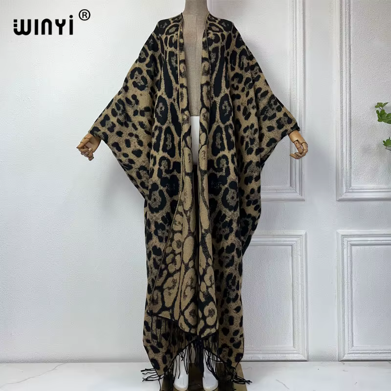 WINYI-Manteau d'Hiver Classique pour Femme, Cardigan à Franges Imprimé Léopard Optique, Long Manteau