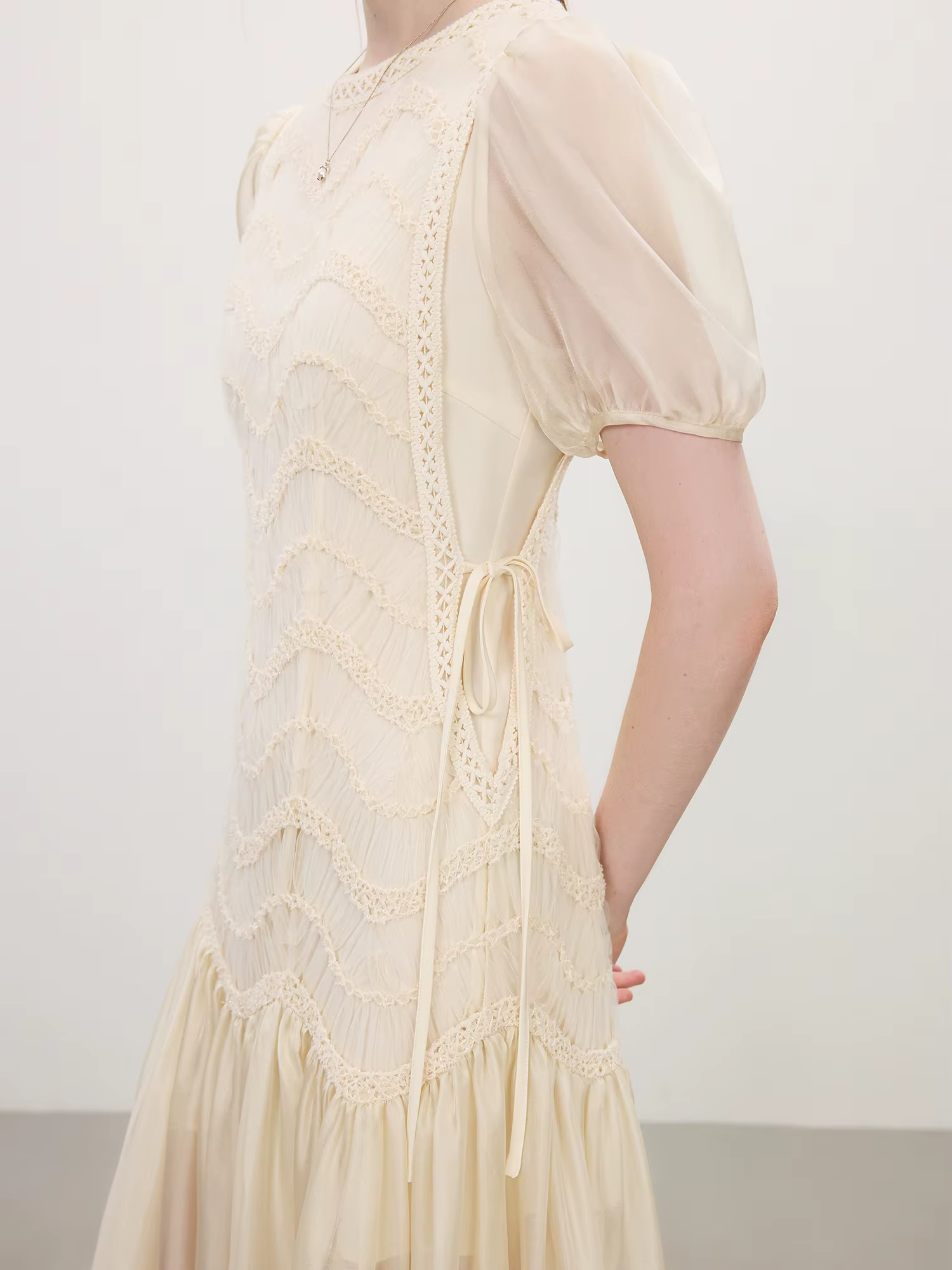 FSLE 2025 été femmes maille broderie robe évider épissage bulle manches taille cravate Y2K à la mode