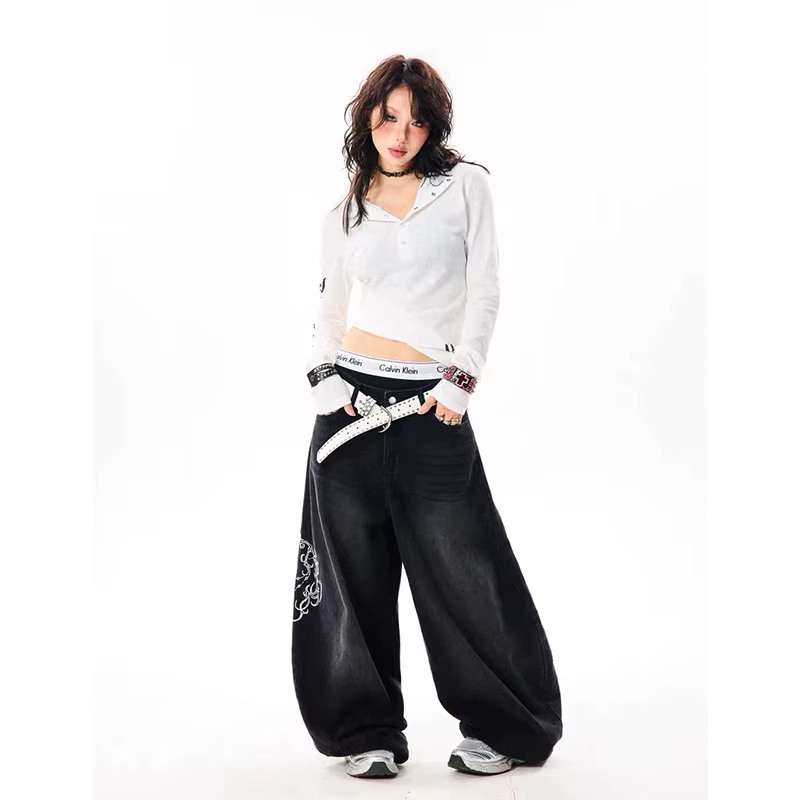 YIBASHU femmes Vintage broderie Y2K Baggy jean femme taille haute 2000s jambe large Denim pantalon a