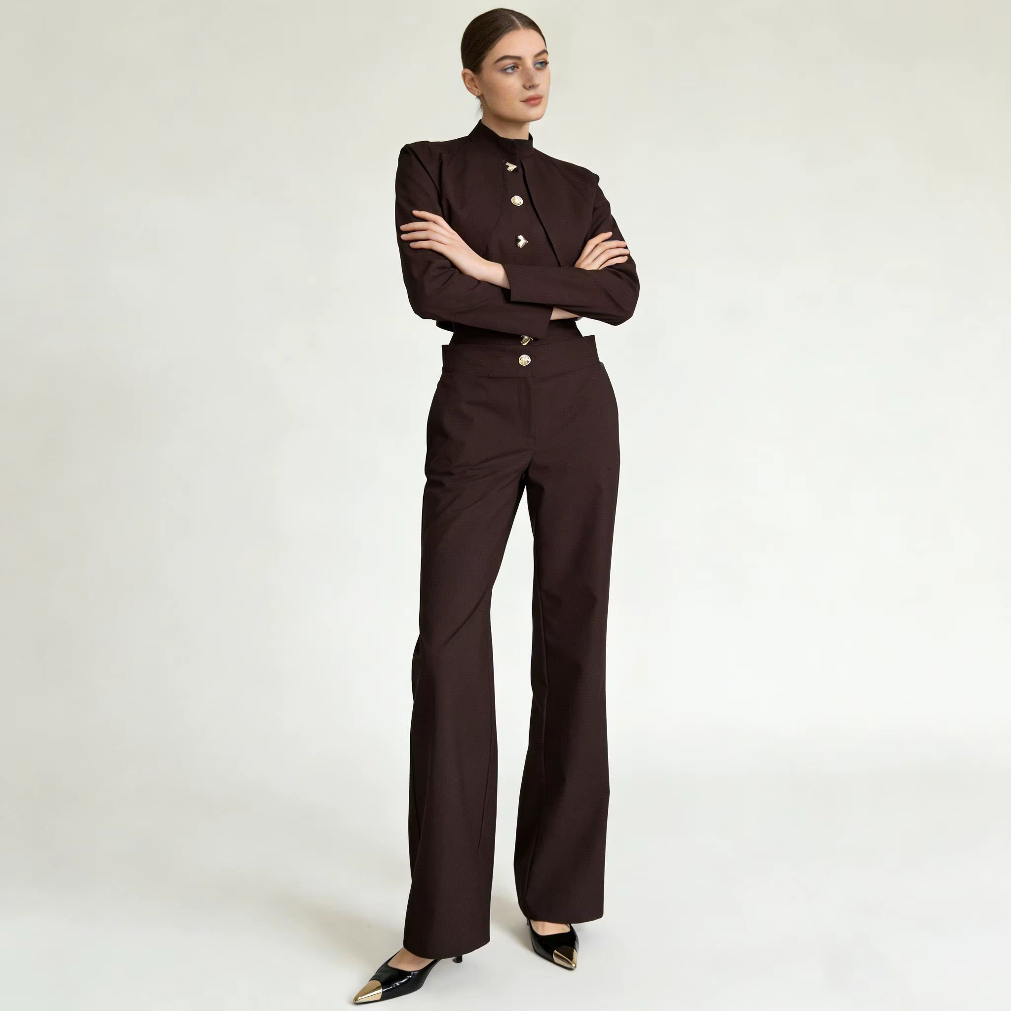 Haut court boutonné à col montant LIMO + pantalon large taille haute, ensemble élégant 2 pièces pour