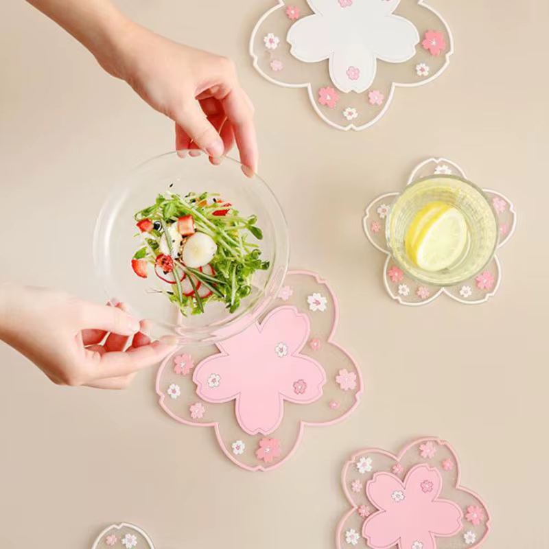 Sous-verres en silicone rose Kawaii style fleur de cerisier, tapis de table isolant Sakura, décorati