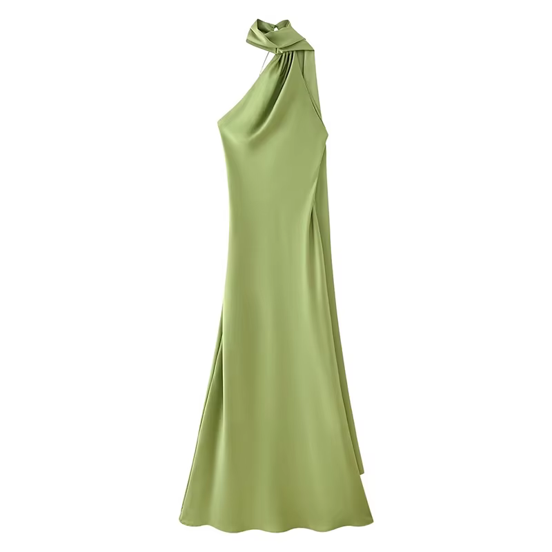 YENKYE High Street-Robe longue en satin vert pour femme, sexy, élégante, licou, femme, mode, dos nu,