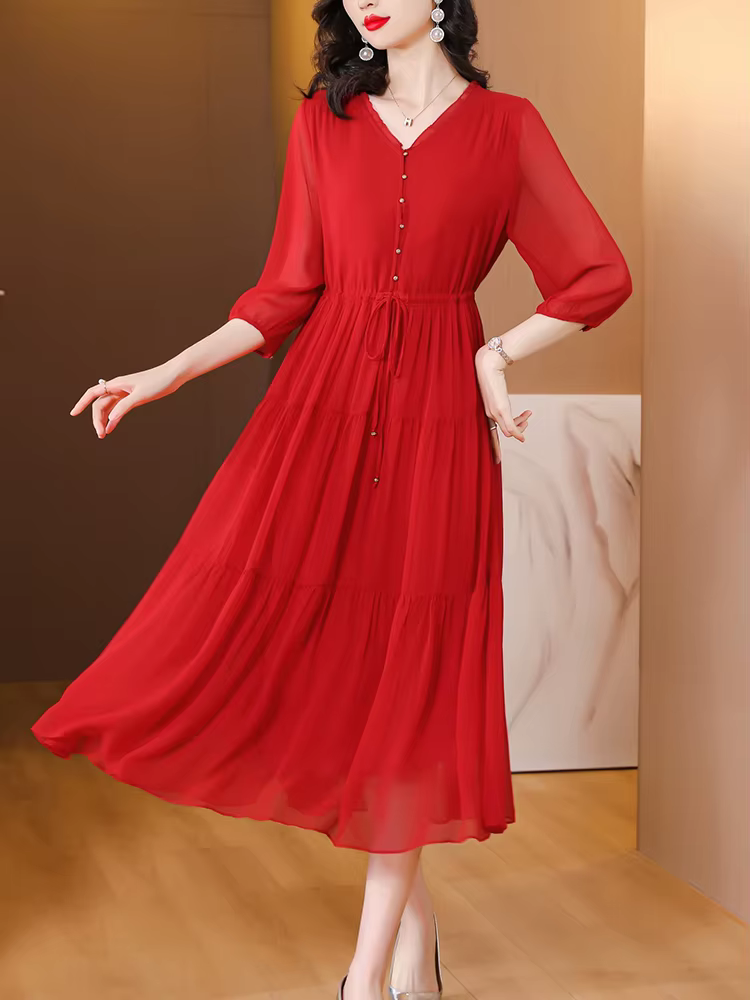 Robe mi-longue en soie rouge, Vintage, ample, élégante, moulante, robe de soirée, à bandes, décontra