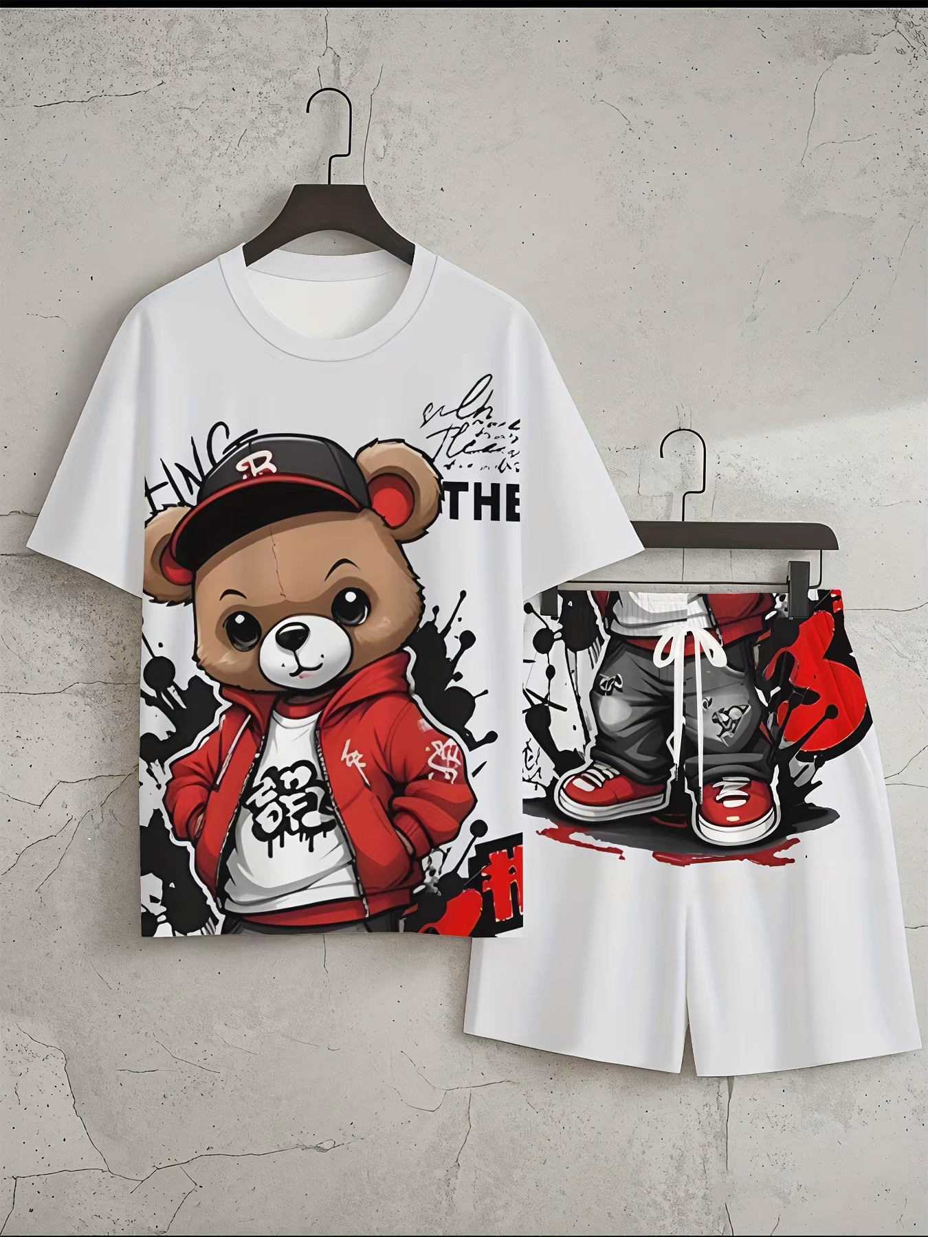 Ensemble T-shirt et short à col rond pour hommes, nouvelle mode d'été imprimé ours en peluche, doux 