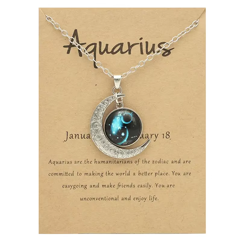 Collier pendentif lune en verre, 12 signes du zodiaque, avec carte, Vintage, astrologie, Constellati