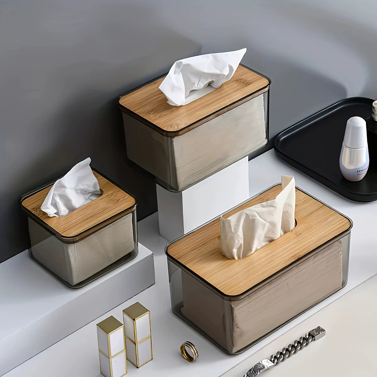 Boîte en papier porte-mouchoirs multifonctionnelle avec couvercle en bambou, conteneur Transparent,
