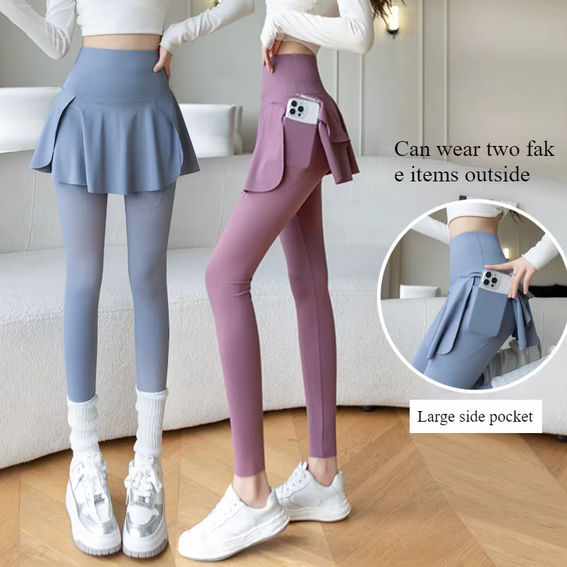 Faux Leggings deux pièces pour femmes, Leggings de Fitness sans couture, taille haute avec poche éla
