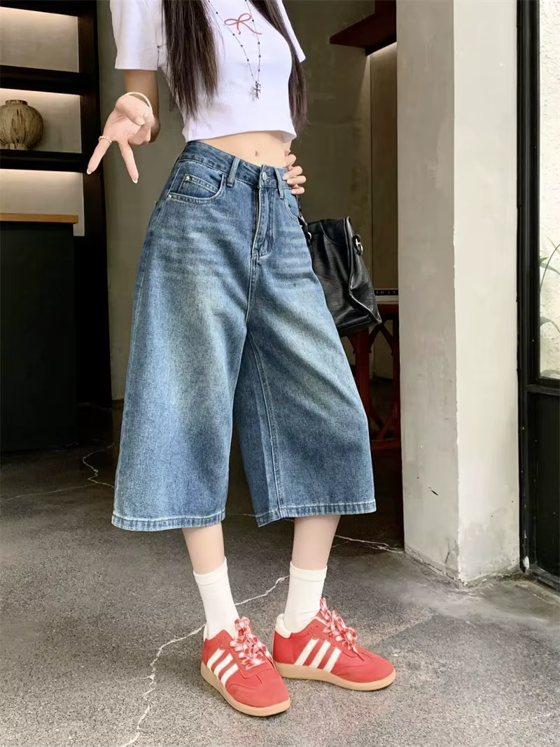 Shorts en jean vintage style américain Y2K pour femme, coupe ample, taille haute, délavage, longueur
