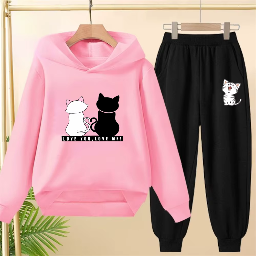 Sweat-shirt à capuche blanc et rose pour filles et enfants, ensemble sweat-shirt et pantalon pour to