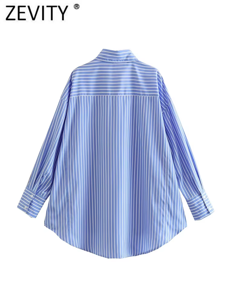 Zevity femmes mode blanc bleu rayé imprimé chemise ample bureau dame Double poche Patch Smock Blouse