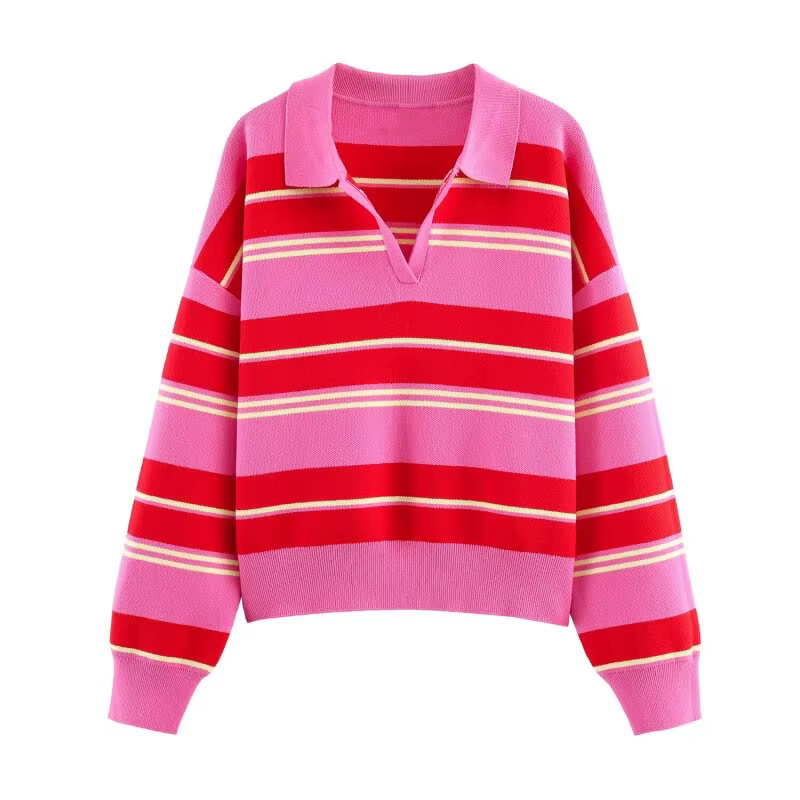 Pull en maille rayé rose et rouge - Haut ample à col rabattu et manches longues pour femme, tenue dé