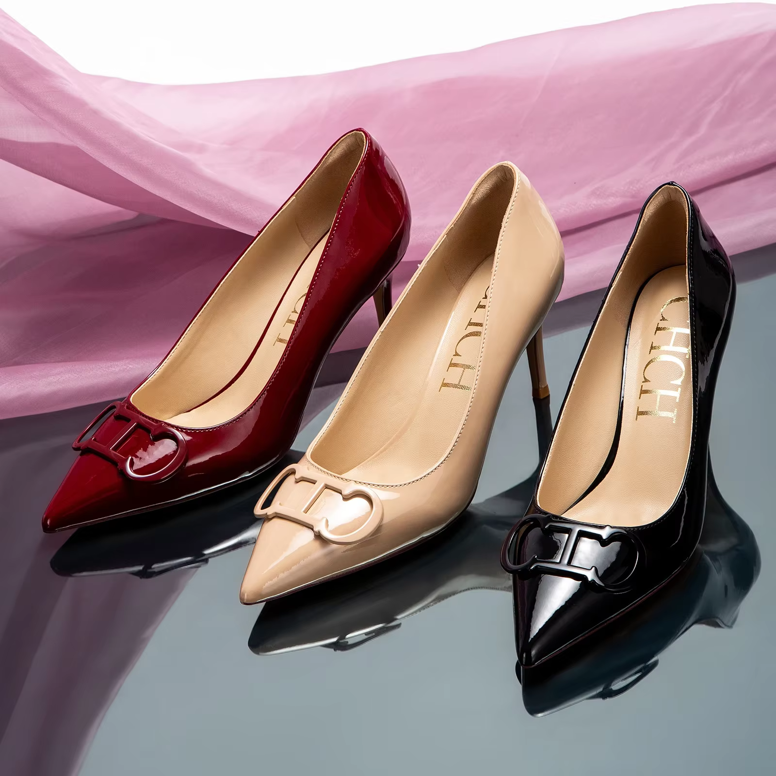 C-H – chaussures à talons hauts pour femmes, chaussures de mariage d'affaires en cuir laqué noir, 7c