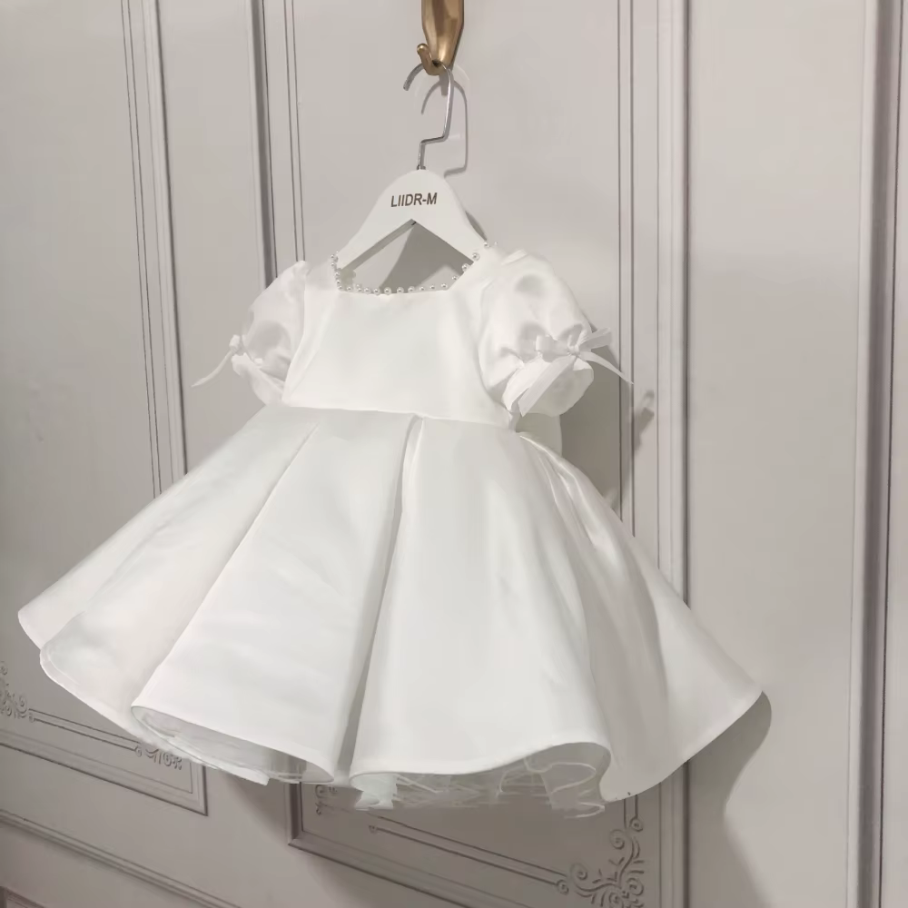 Robes pour enfants à manches bouffantes et perles roses, avec nœud, vêtements de spectacle de danse,