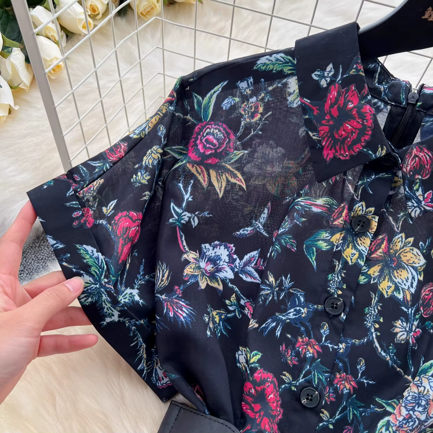 Robe à Revers à Imprimé Floral pour Femme, Vêtement Français Vintage, Manches Courtes, Taille Haute,