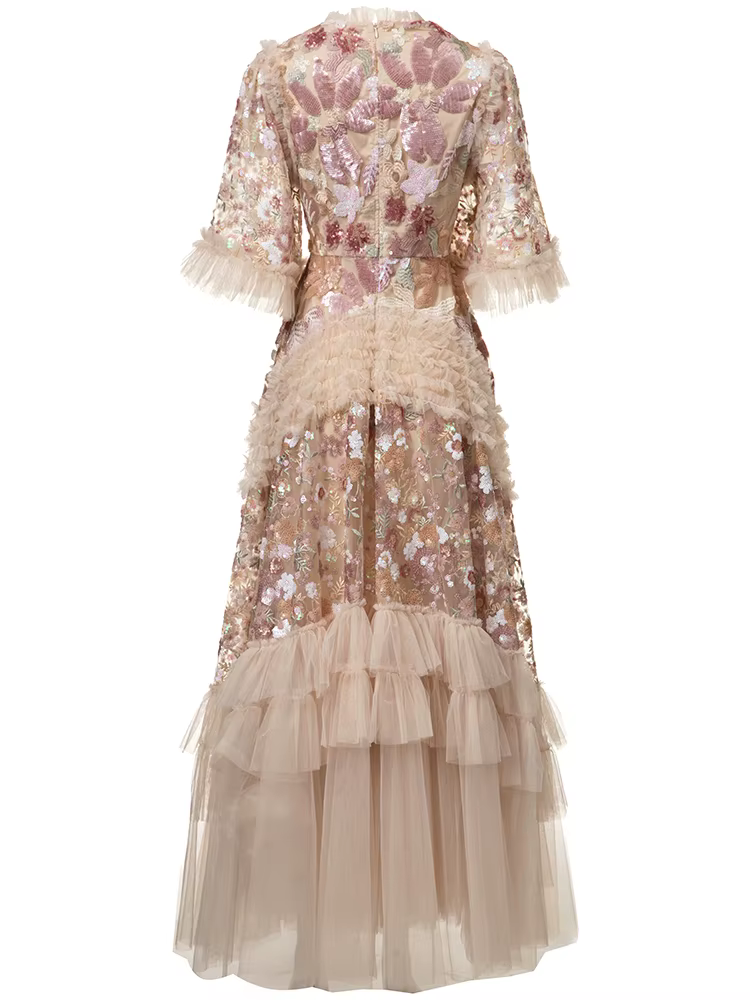 DSXDFACAIRIJ femmes paillettes fleur broderie col rond manches évasées à volants Vintage robe de bal