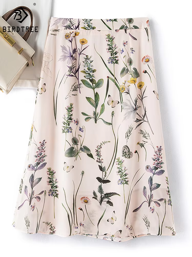 Jupe longue élégante Birdtree en soie 100% naturelle, taille haute, coupe trapèze, imprimé vintage e