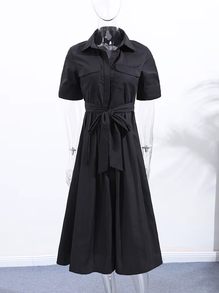 Nouvelle Robe Longue Plissée Noire Élégante pour Femme avec Ceinture, Manches Longues et Col Revers,