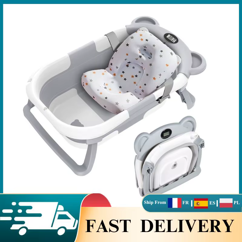 Baignoire pliable pour bébé avec thermomètre, baignoire de voyage portable avec tapis de bain doux, 
