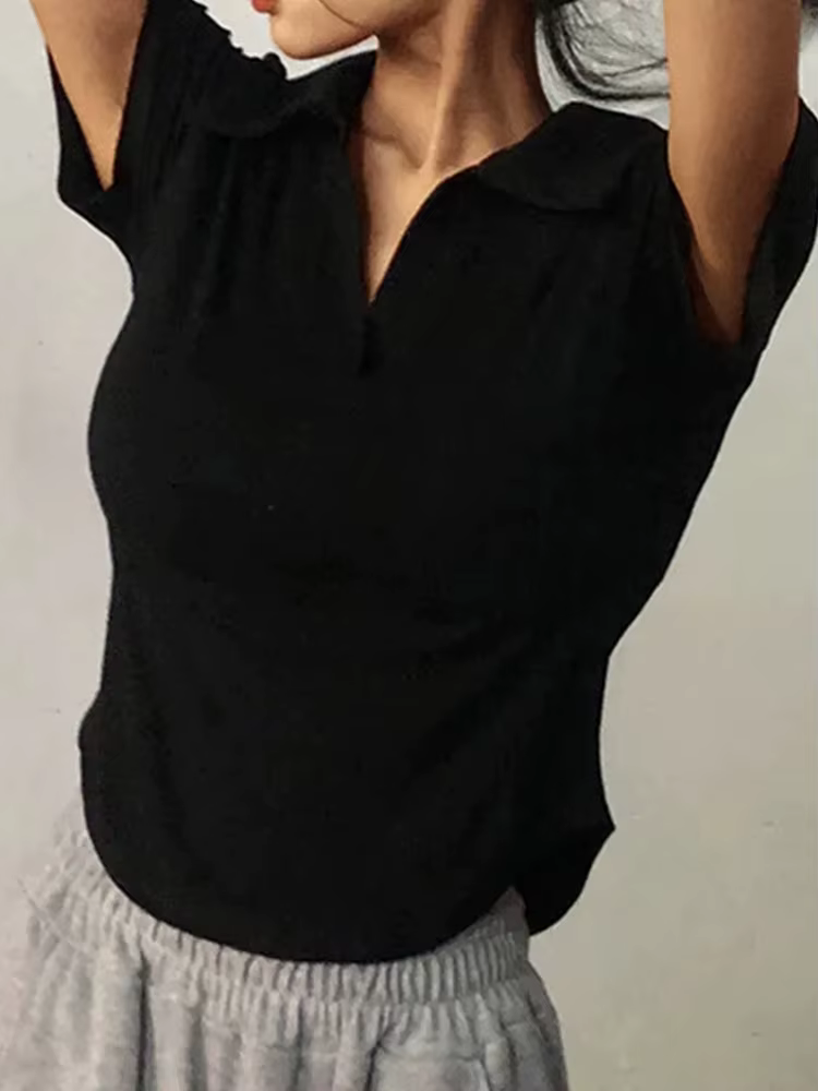 Haut à revers à manches courtes pour femmes, couleur unie, col en v, chemises rétro douces, haut cou