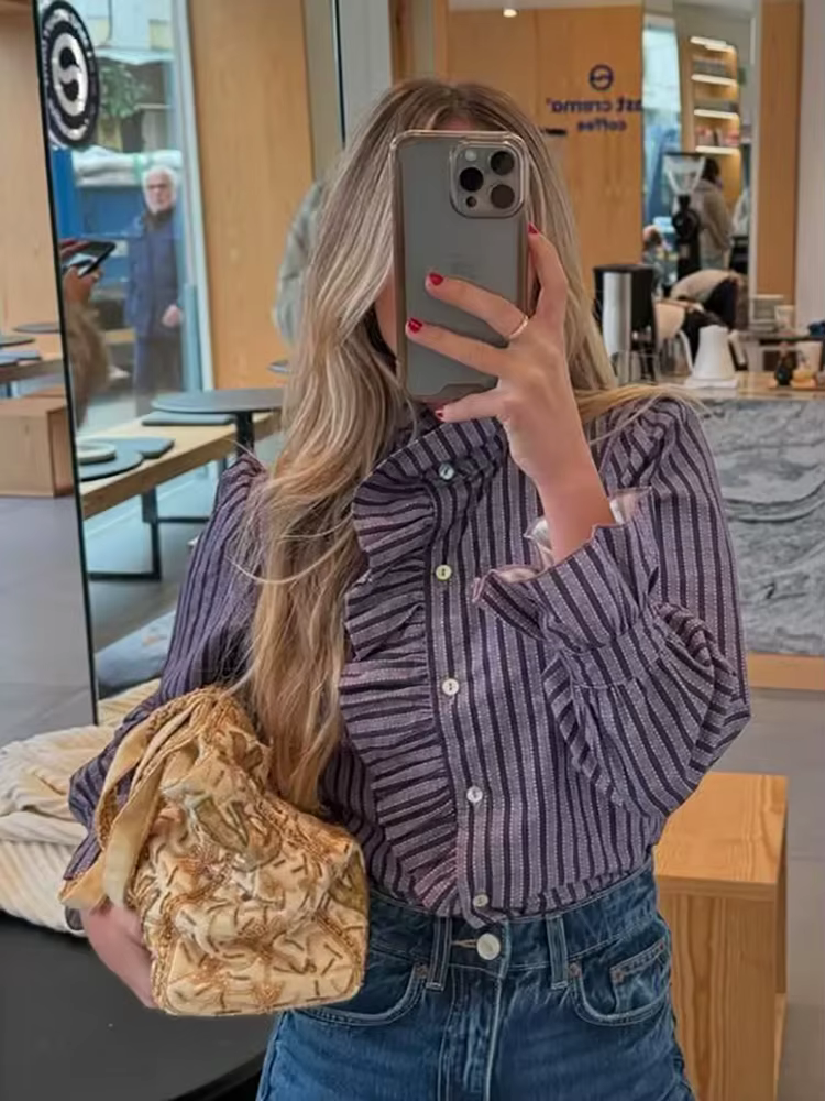 Doux femmes volants Plaid violet chemises 2025 mode dames décontracté col montant Blouses pour fête
