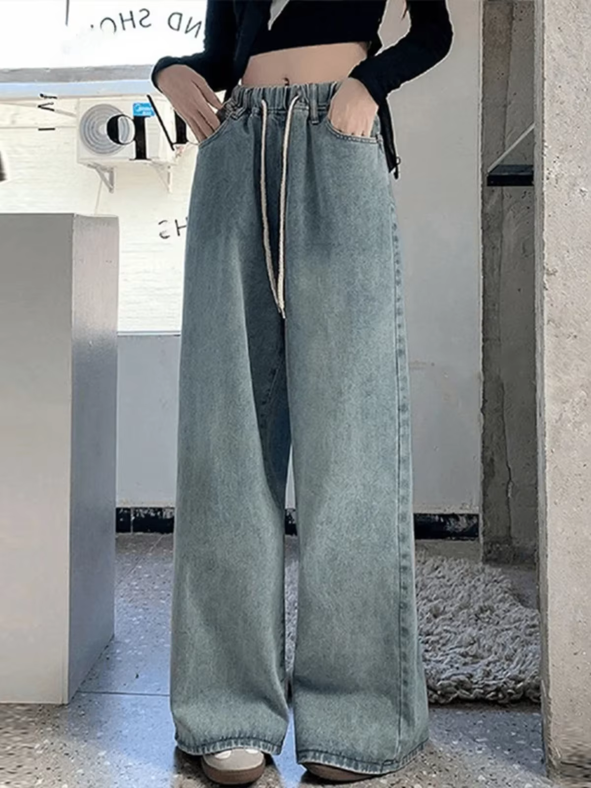 Botvotee taille haute taille large jean pour femmes ample droite bleu Long Denim pantalon femme mode