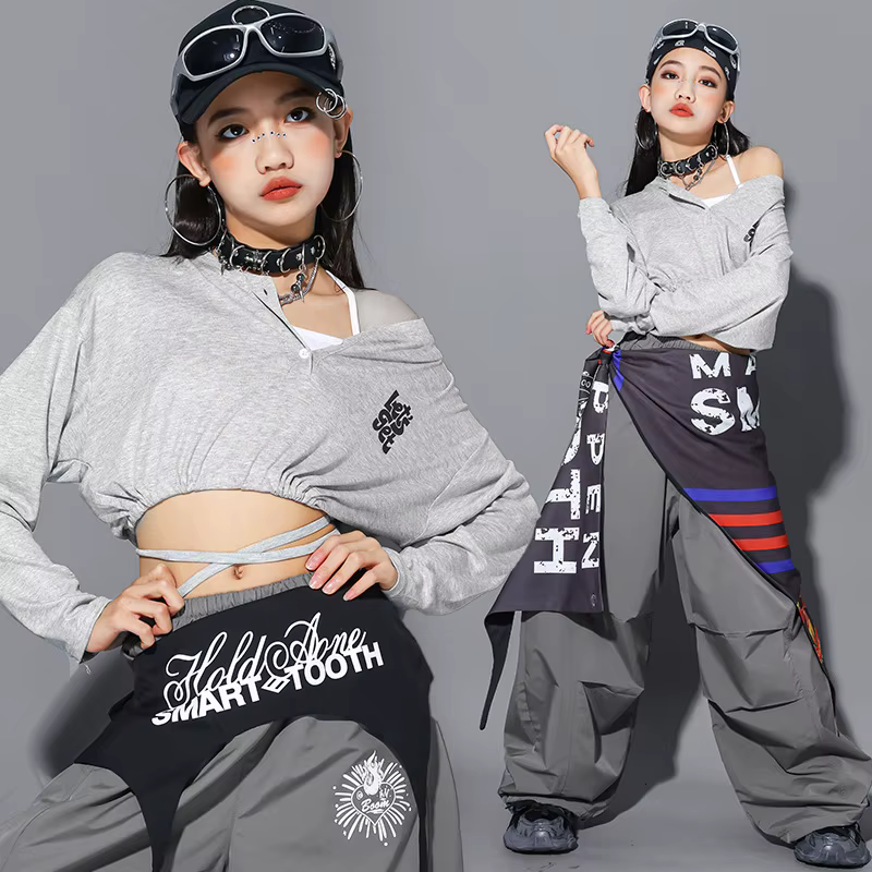 Crop top à lettres K-pop pour filles, pantalon cargo, streetwear pour enfants, costume de groupe de 