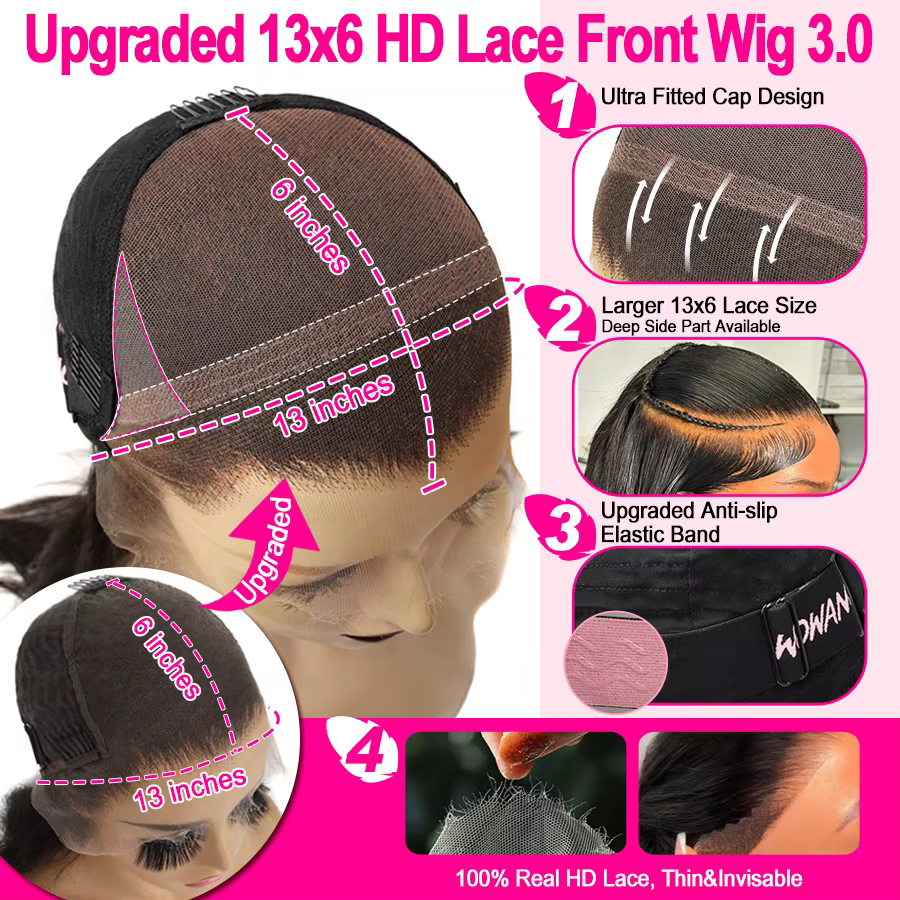 Wow Angel-Perruque Lace Front Wig Sans Colle, Cheveux Naturels Lisses, 13x6 HD, Peau Fondue, 250% de
