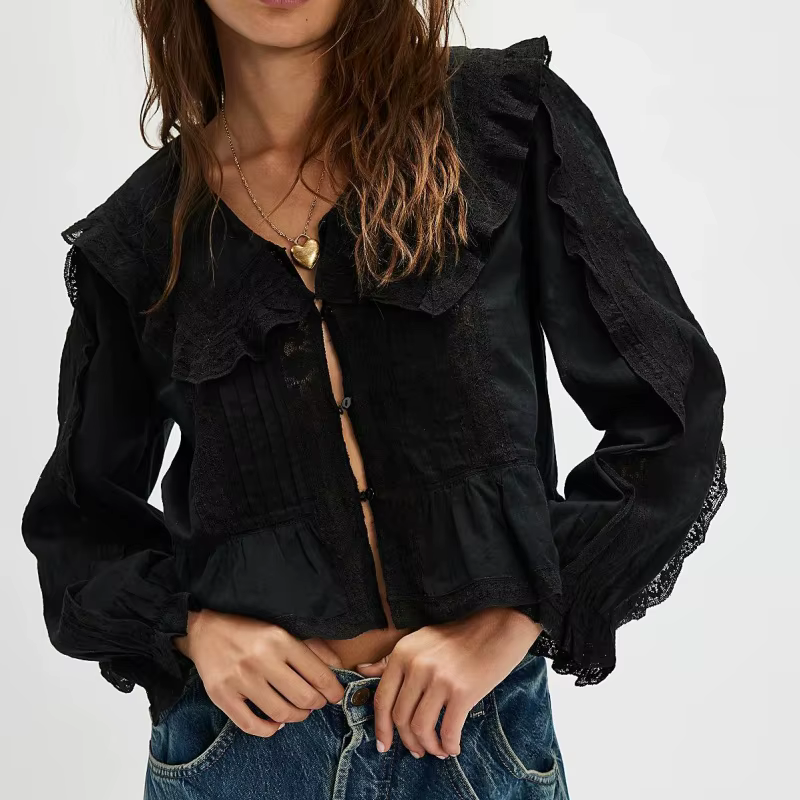Chemises de plage en dentelle transparente pour femmes, style Boho, boutonné, à volants, manches cou