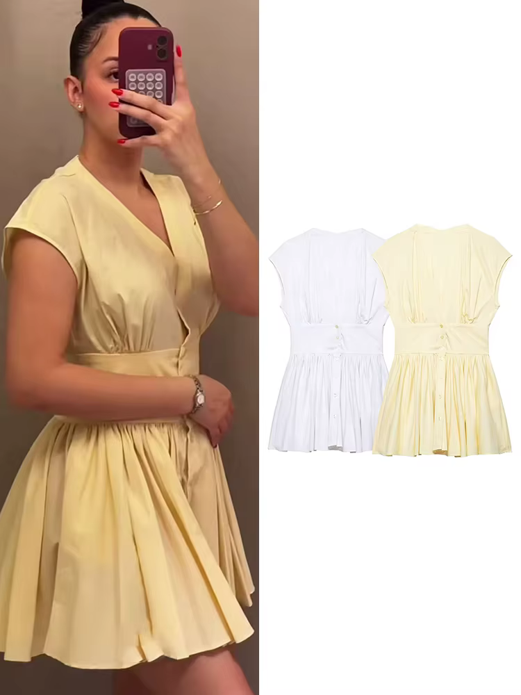 TFMLN Robe Courte Chemise Tendance pour Femme, Coupe Slim Décontractée, Manches Courtes, Col en V, B
