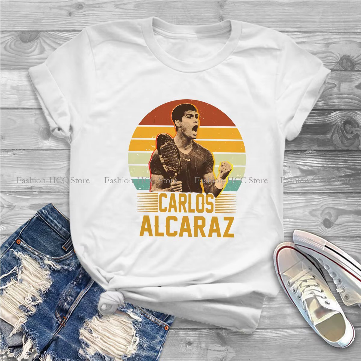 Carlos Alcaraz rétro Vintage col rond Polyester t-shirt Tennis basique t-shirt femme vêtements mode