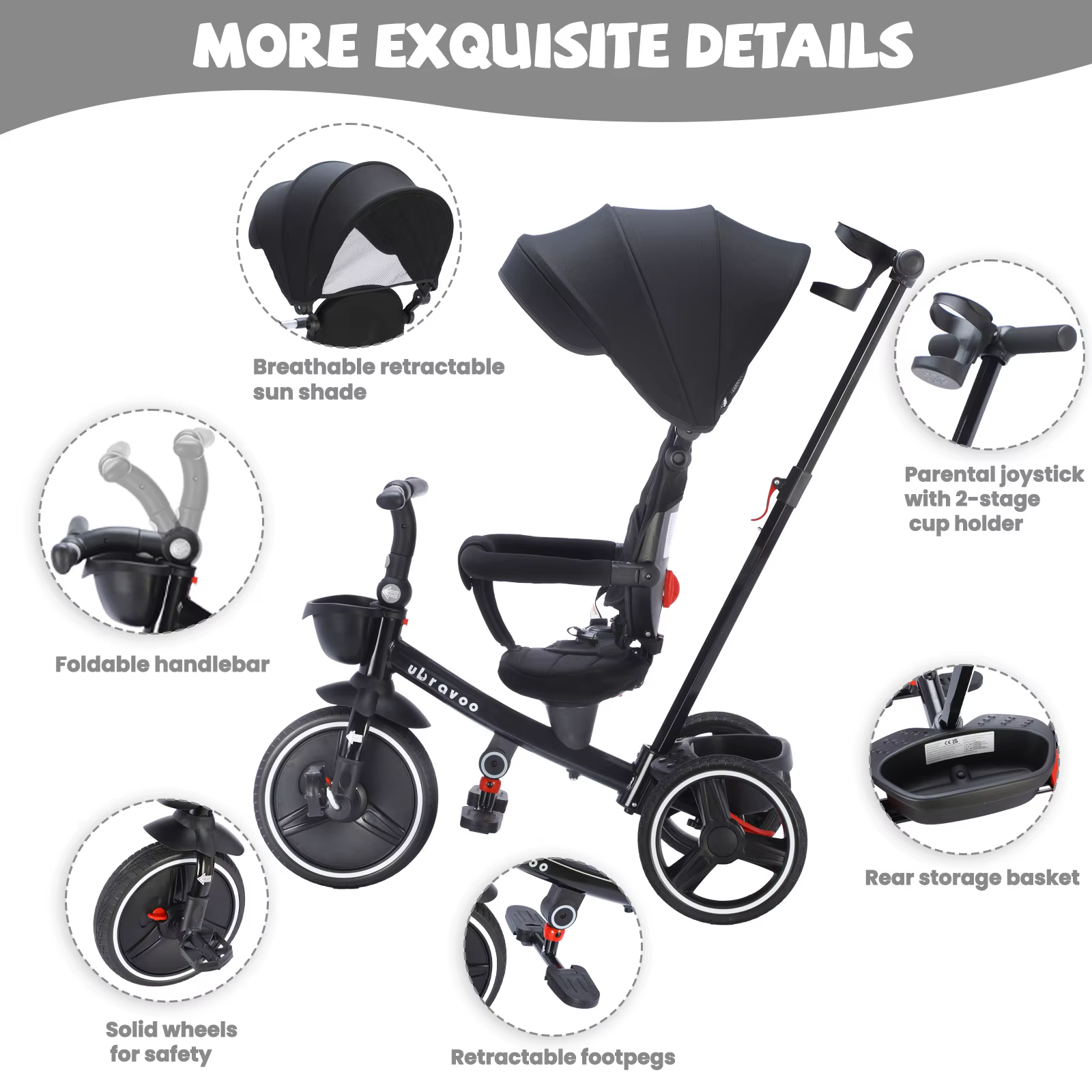 Tricycle pliable pour enfants avec poignée Parent réglable, freins de roue et capot amovible, Tricyc
