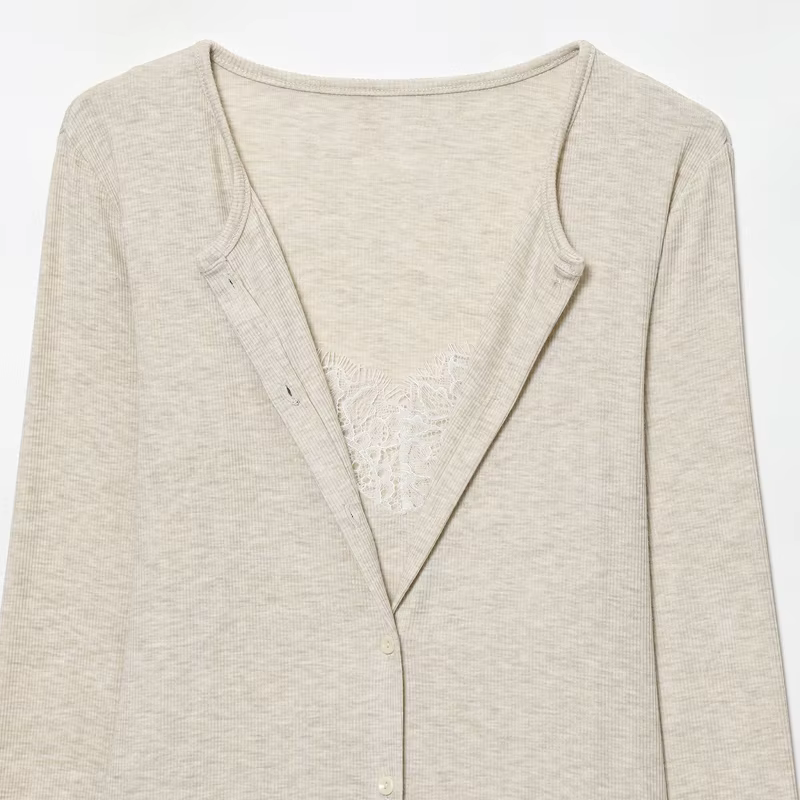HXAO court tricot Cardigan pour femmes automne printemps Chic dentelle à manches longues tricots gri