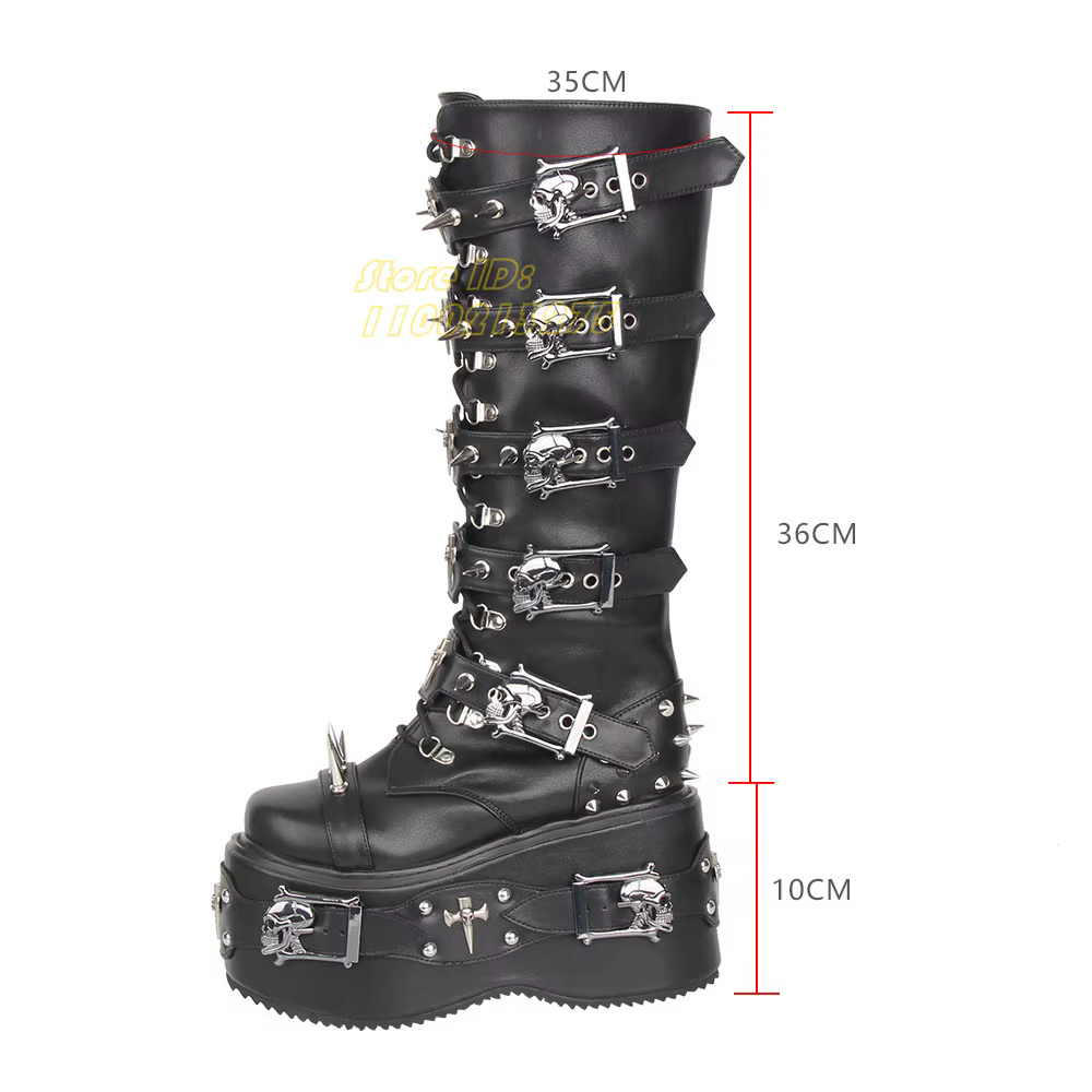 Bottes hautes à rivets et lanières, style punk, talon épais, fermeture éclair, bout rond, plateforme