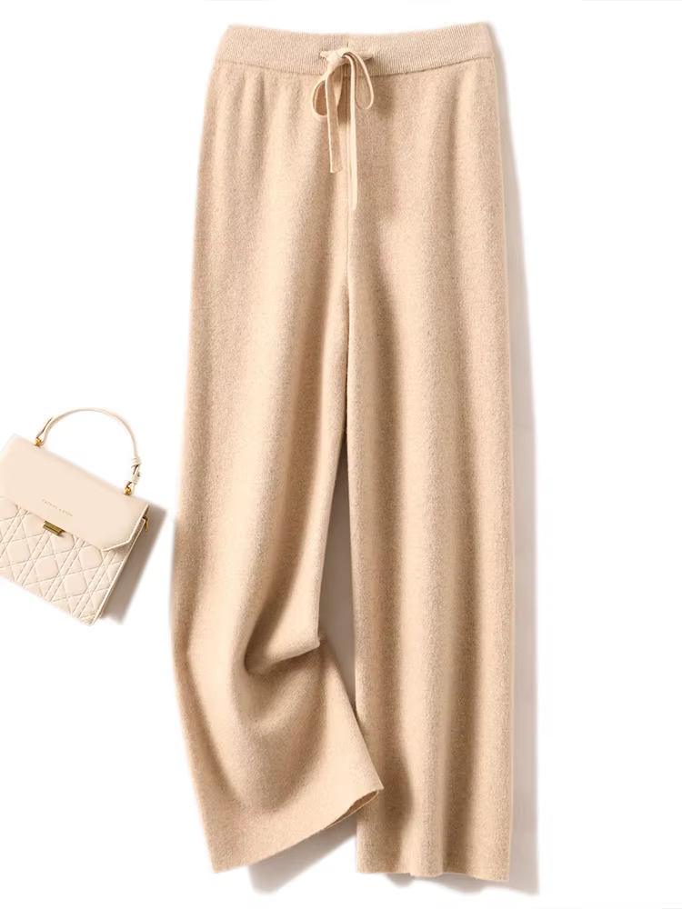 Pantalon basique doux et décontracté pour femme, avec ceinture, tricot 100% laine mérinos, populaire