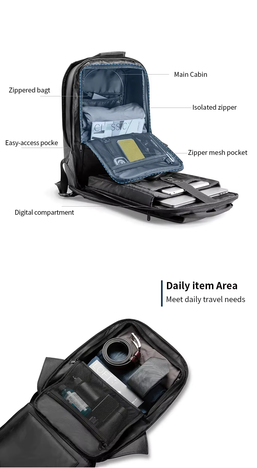 Kingsons sac à dos antivol hommes 15.6 pouces ordinateur portable 180 degrés ouvert W USB charge sac