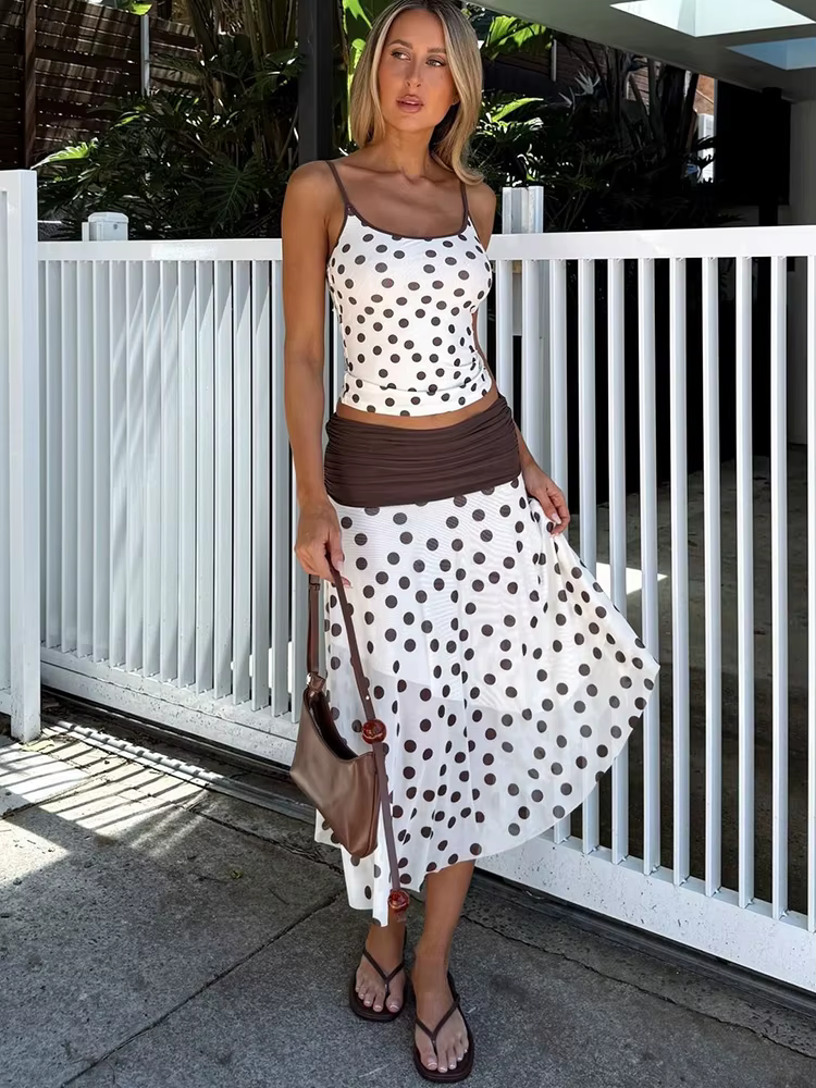 Nibber Beach Party 2 pièces ensemble femmes col bas maigre Camisole + plis jupes Patchwork à pois im