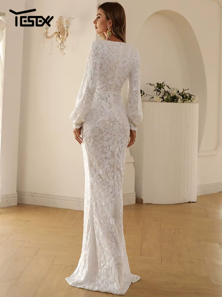 Yesexy 2026 Nouvelle Robe de Soirée Formelle à Col en V et Manches Longues avec Fente pour Mariage, 